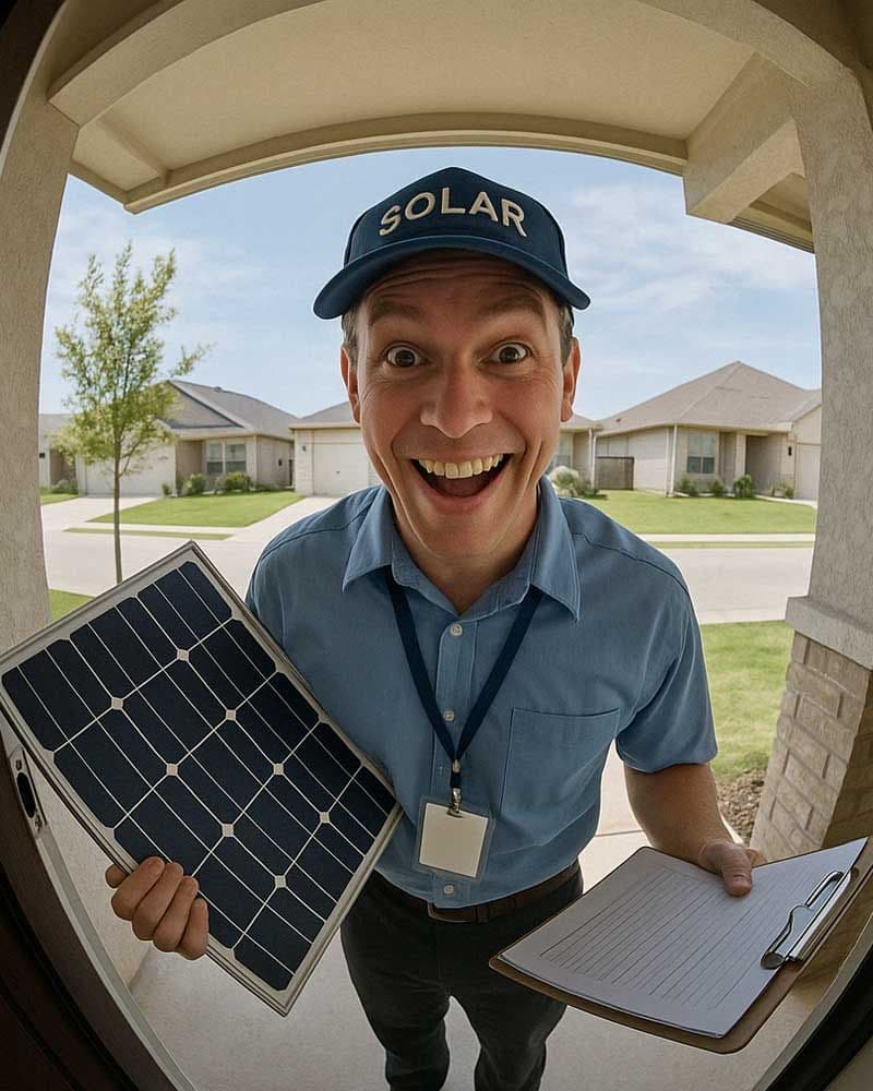 A door-to-door solar salesperson seen through a front-door peephole