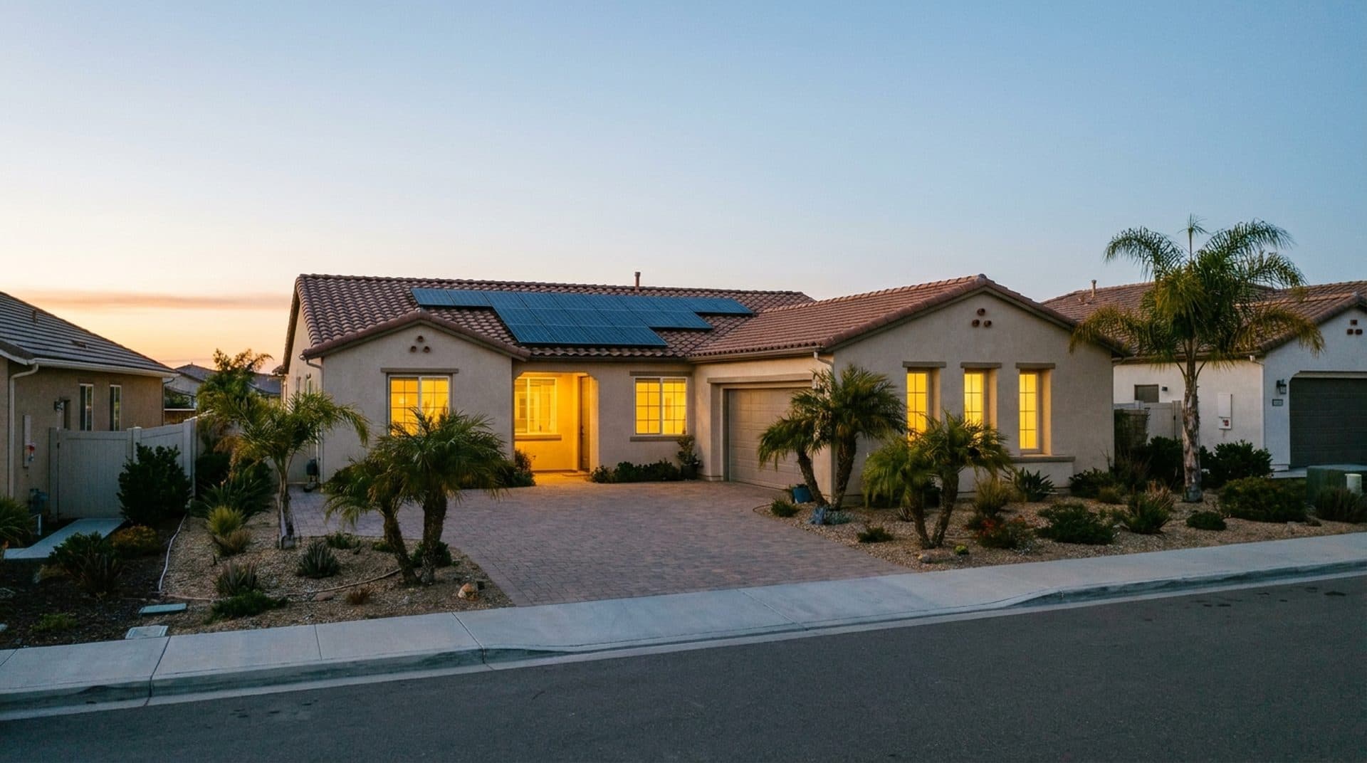 San Diego home with rooftop solar panels at dusk