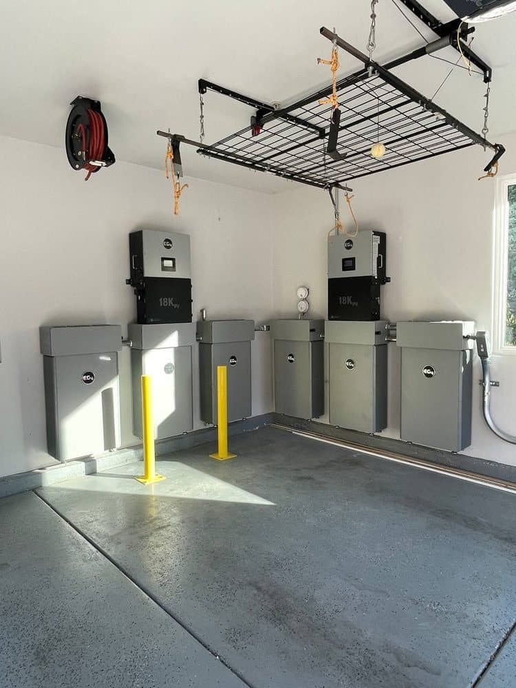Six-unit battery bank with two inverters on a garage wall, installed by SHS Power